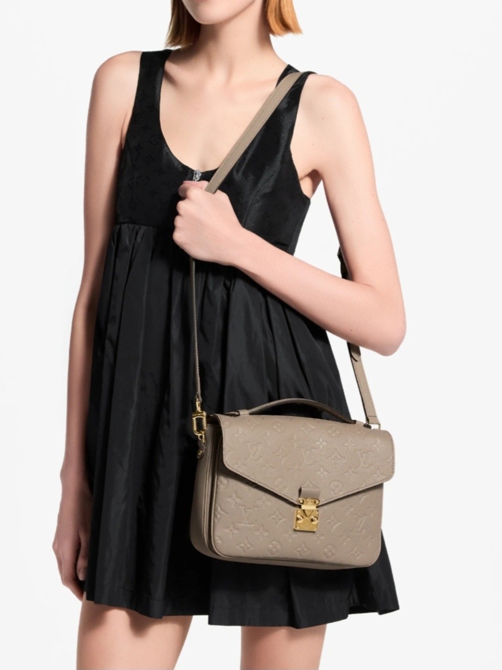 Taupe Embossed Leather Shoulder Bag with Gold Hardware